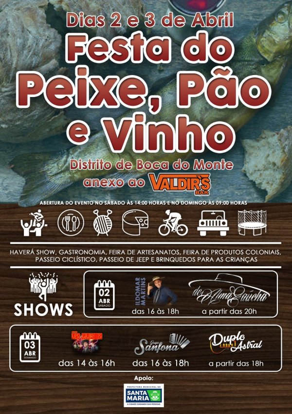 Festa do Peixe, Pão e Vinho ocorre neste final de semana no distrito de Boca do Monte