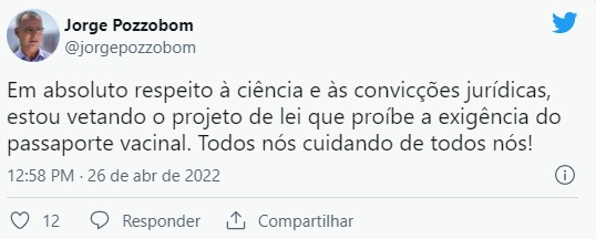 Prefeito Jorge Pozzobom veta projeto que proíbe exigência do passaporte vacinal em Santa Maria